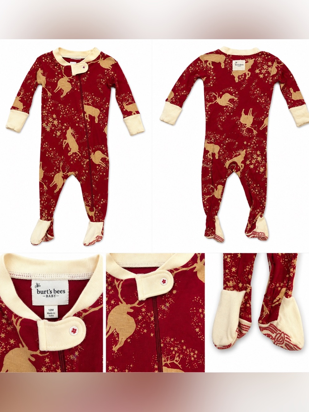 Burt’s Bees Baby Holiday Reindeer Footed Sleeper Pajamas Red Christmas 0-3 M